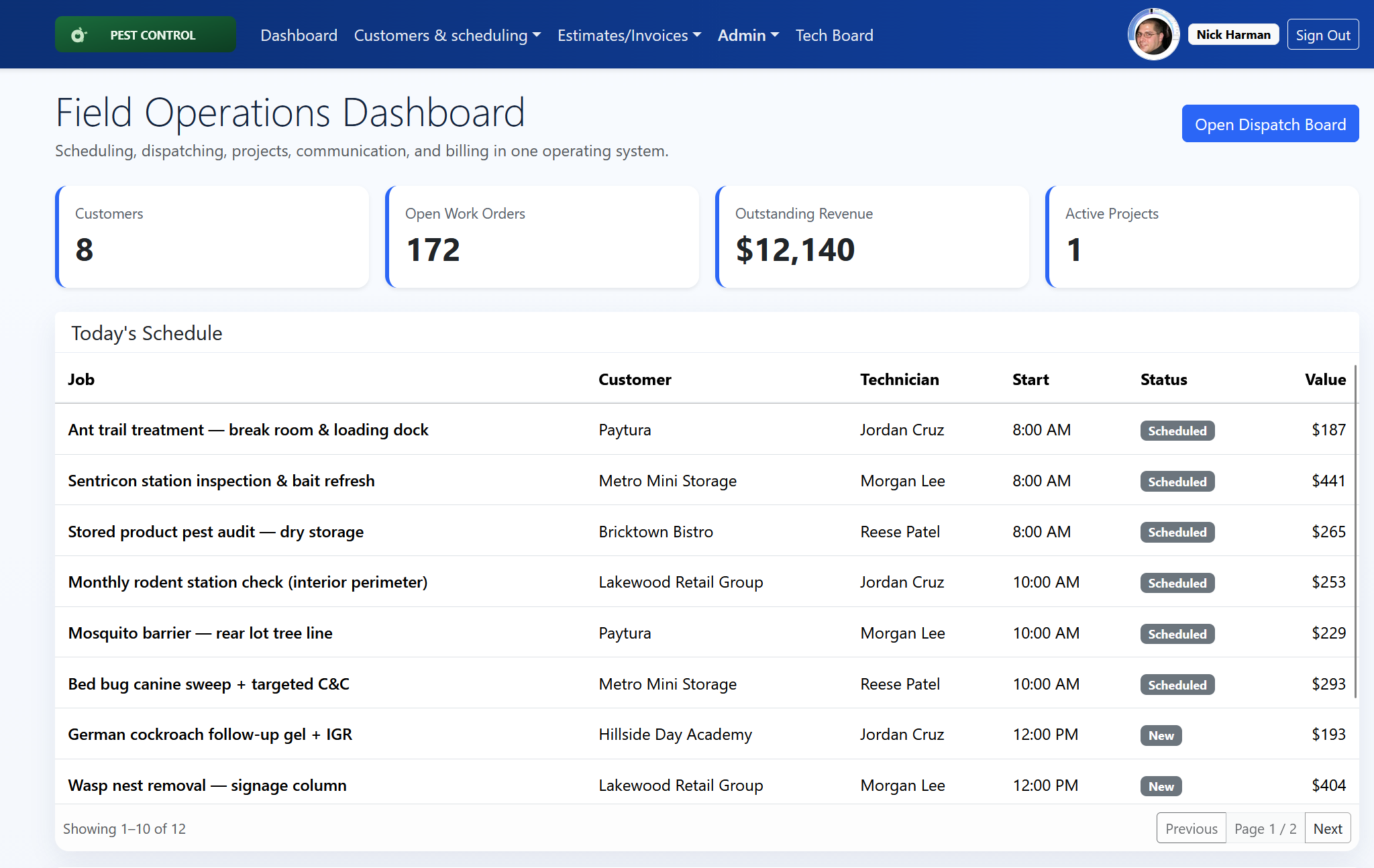 Admin portal with customer intake and orders