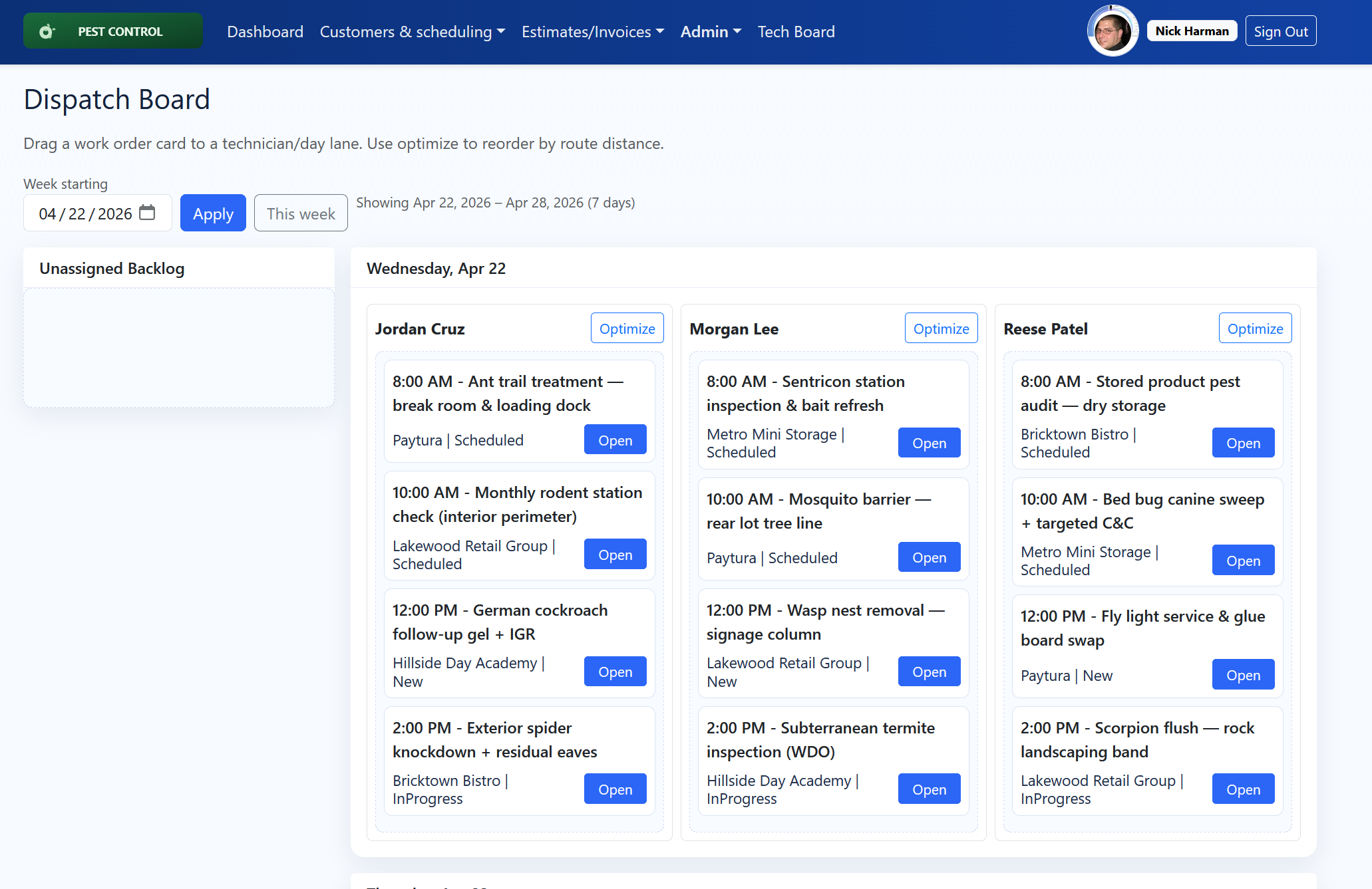 Dispatch board in Field Scheduler
